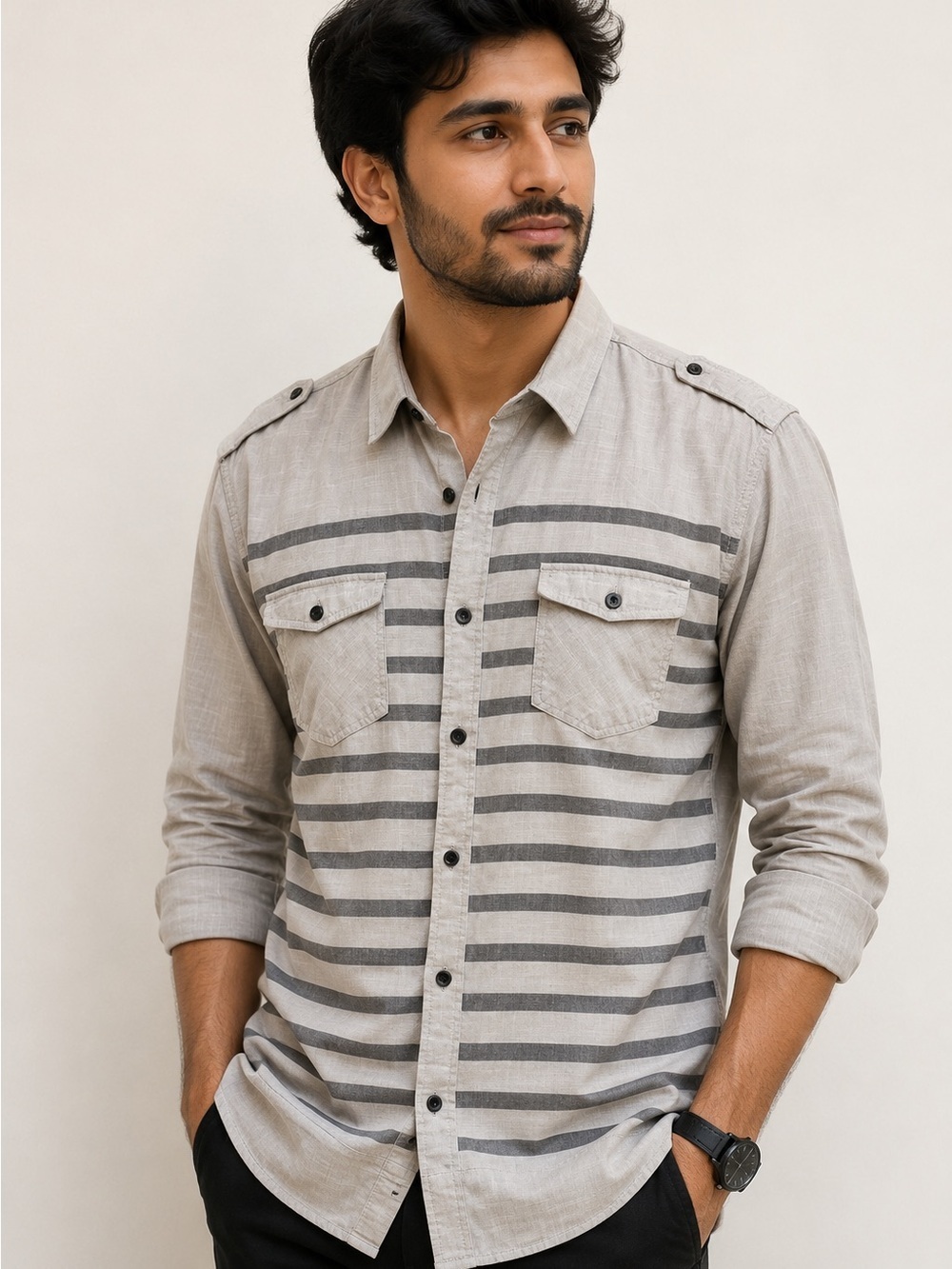 American Rag Men's Light Beige Button-Down Shirt with Charcoal Stripes